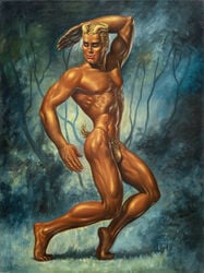 1950s 1952 1boy 20th_century 50s bulge george_quaintance gold_hair horns male male_only muscular outdoors painting plump_lips pose quaintance solo_male tanned thong toned twink