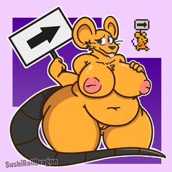 1:1 2019 anthro belly big_breasts blush breasts chest_tuft earthbound exit_mouse female front_view hi_res holding_(disambiguation) mammal mouse murid murine nintendo nipples nude overweight overweight_female pussy rodent sign simple_background smile solo standing sushirolldragon thick_thighs tuft video_games voluptuous whiskers wide_hips