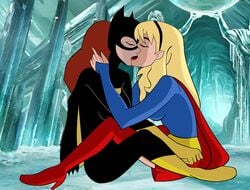 2girls barbara_gordon batgirl dc dcau female_only fortress_of_solitude fully_clothed kara_danvers kara_zor-el kissing multiple_girls supergirl tagme unknown_artist yuri