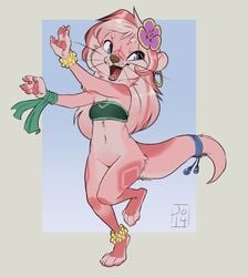 2019 4_fingers anthro bra clothing female flower flower_in_hair fur hair happy lutrine malu'kalea mammal mostly_nude mustelid navel open_mouth paws pink_fur pink_hair plant pussy reign-2004 simple_background solo tongue underwear whiskers