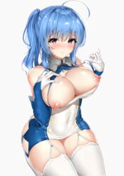 absurdres ahoge areolae azur_lane bangs bare_shoulders blue_hair blush breasts cleavage commentary_request covered_navel dress dress_tug elbow_gloves eyebrows_visible_through_hair female garter_straps gloves grey_background hair_between_eyes highres large_breasts long_hair looking_at_viewer mahiro_(mahiron1062) nipple_slip nipples purple_eyes seiza simple_background sitting smile solo st._louis_(azur_lane) strapless strapless_dress taut_clothes taut_dress thighhighs thighs tube_dress white_gloves