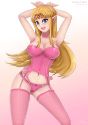 1girls a_link_to_the_past bare_shoulders big_breasts blonde_hair blue_eyes bow_panties breasts bustier cleavage corset female female_only fishnet_legwear fishnets garter_belt garter_straps hands_behind_head lace-trimmed_panties large_breasts lingerie long_hair nintendo pink_corset pink_lingerie pink_panties pointy_ears princess_zelda solo solo_female the_legend_of_zelda thighhighs tiara zelc-face zelda_(a_link_between_worlds) zelda_(a_link_to_the_past)