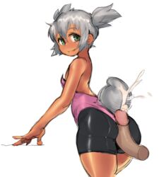 1boy 1girls ass bike_shorts borvar bunny_tail buttjob clothing cum cum_on_tail dark-skinned_female disembodied_penis drawfag female flat_chest green_eyes huge_ass looking_back penis rubbing short_twintails silver_hair smile souffle_rossetti star_ocean star_ocean_till_the_end_of_time thick_thighs thighs tremble uncensored wide_hips