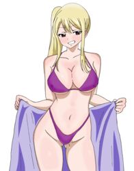 ass_visible_through_thighs bikini blonde_hair fairy_tail female large_breasts lpogo lucy_heartfilia navel provocative purple_bikini solo towel undressing white_background