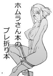 areolae armband bangs breasts commentary female gem hair_ornament headpiece huge_breasts jewelry large_areolae large_breasts monochrome nintendo nipples nude open_mouth pose pyra shikishima_gangu short_hair simple_background sketch solo swept_bangs thighhighs tiara translated wet white_background xenoblade_(series) xenoblade_chronicles_2