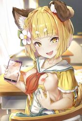 :d absurdres animal_ear_fluff animal_ears bangs blonde_hair blunt_bangs blush bob_cut breasts cellphone cellphone_picture chair classroom collarbone commentary_request dog_ears erune eyebrows_visible_through_hair female flower granblue_fantasy hair_flower hair_ornament highres holding holding_cellphone holding_phone hyouta_(yoneya) indoors looking_at_viewer nipples open_mouth phone sailor_collar short_hair short_sleeves sitting small_breasts smile solo vajra_(granblue_fantasy) white_sailor_collar yellow_eyes