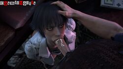 1boy 1girls 3d 3d_(artwork) black_hair capcom cosmicnoctis cum_in_mouth cum_on_penis devil_may_cry devil_may_cry_5 fellatio forced_oral hand_on_head heterochromia lady_(devil_may_cry) looking_at_partner looking_up nero_(devil_may_cry) penis_out penis_through_fly