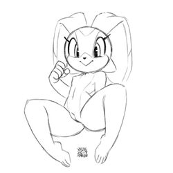 1:1 2019 anthro breasts cream_the_rabbit cub female lagomorph leporid looking_at_viewer mammal monochrome navel nipples pussy rabbit signature simple_background small_breasts smile solo sonic_(series) spread_legs spreading white_background xylas young