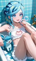 1boy ai_generated bath bathing bathroom bathtub blowing blowing_bubbles blue_eyes bra bubble_bath bubbles bulge cat_cutout femboy friends glaceon grusha_(pokemon) happy lingerie male nails_painted otoko_no_ko panties playing playing_in_bathtub playing_with_bubbles pokemon thighs water