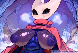 ai_generated anthro areola black_body black_eyes breasts cape clothing curvy_figure female gigantic_breasts hollow_knight hollow_knight:_silksong hornet_(hollow_knight) huge_breasts insect_girl insectoid nipples puffy_nipples red_cape sweating voluptuous waifucrematorium