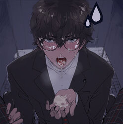 2boys atlus black_hair cum cum_in_hands cum_in_mouth cum_on_glasses facial gay glasses hatomugi_gohan highres male_focus megami_tensei multiple_boys open_mouth persona persona_5 pov ren_amamiya school_uniform shin_megami_tensei tagme yaoi