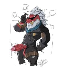 male male_only bara muscles muscular barazoku furry anthro zenless_zone_zero big_daddy_(zenless_zone_zero) sus_(pig) suina facial_hair beard tusks sunglasses white_hair red_skin penis balls solo solo_male mylittvalentine boner erection penis_out leather_clothing biker_clothes big_penis