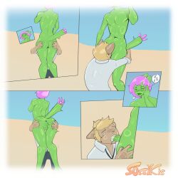 1:1 absurd_res anus bodily_fluids cactus cactus_creature comic cum desert duo ejaculation elemental_creature felid feline fellatio flora_fauna genital_fluids green_body hair hi_res male male/male mammal oral penile pink_hair plant public public_nudity public_sex sand sex sosalkis