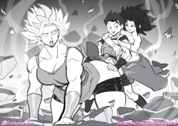 1boy 2025 2girls all_fours blush cabba caulifla chickpea closed_eyes digital_drawing_(artwork) doggy_style dragon_ball dragon_ball_super ffm_threesome grey_background grey_theme greyscale kale monochrome open_mouth pleasure_face size_difference smile super_saiyan threesome