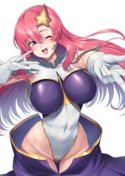 breasts capelet female gloves gundam gundam_seed gundam_seed_destiny hair_ornament hassen_(8cm) headset highleg highleg_leotard highres impossible_clothes impossible_leotard large_breasts leotard long_hair looking_at_viewer meer_campbell microphone multicolored_leotard open_mouth pink_hair purple_eyes purple_skirt simple_background skirt solo star_(symbol) star_hair_ornament thigh_gap white_background white_capelet white_gloves white_leotard