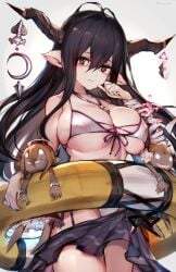 alternative_costume between_breasts bikini bikini_bottom bikini_top breasts bright_pupils cleavage closed_mouth clothing crescent danua danua_(summer)_(granblue_fantasy) draph_race_(granblue_fantasy) ear female front-tie_bikini front-tie_bikini_top front-tie_top granblue_fantasy gretel_(granblue_fantasy) grey_background hair_between_eyes hand_to_own_mouth hansel_(granblue_fantasy) high_resolution horn_ornament horns huge_breasts innertube jewelry looking_at_viewer necklace official_alternative_costume oyu_(sijimisizimi) pointed_ears purple_hair red_eyes sarong shaded_face side-tie_bikini side-tie_bikini_bottom side-tie_clothing side-tie_swimsuit sidelocks simple_background skindentation solo swimsuit twitter_username underboob username very_high_resolution watao white_bikini white_swimsuit