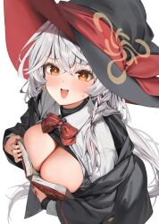 :d blue_archive blush book_covering_breasts covering_breasts embarrassed eri_(blue_archive) exposed_breasts large_breasts meme nervous nervous_smile ouch_meme parsley_f smile sweatdrop wild_hunt_academy_of_arts