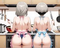 2girls ai_generated apron apron_only ass backboob blue_apron bow breasts cabinet cooking facing_away female_only from_behind gluteal_fold grey_hair hair_over_shoulder indoors kitchen knife ladle large_breasts mother_and_daughter naked_apron notreallyhere oven panties pink_apron short_hair skindentation standing tiled_wall two-tone_hair uzaki-chan_wa_asobitai! uzaki_hana uzaki_tsuki