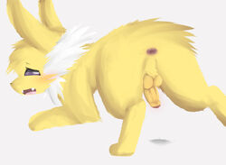 1boy absurd_res all_fours anus ass big_ears black_eyes blush canine chest_tuft dripping ears_up eeveelution feet feral fluffy foxwhitenorth fur furry half-closed_eyes hi_res humanoid_penis jolteon long_ears looking_at_viewer looking_back male male_only mammal nintendo nude open_mouth paws penis pokémon_(species) pokemon pokemon_rgby purple_eyes rear_view snout solo teeth testicles thick_thighs tongue tuft video_games white_background white_fur yellow_fur