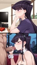 1boy 1boy1girl 1girls 2koma ai_generated blowjob blush bowtie bunny_ears cheating cheating_girlfriend chin_rest city couch day detached_collar detached_cuffs faceless_male fake_animal_ears fellatio female food half-closed_eyes hand_on_penis handjob heart_pasties heavy_breathing indoors komi-san_wa_komyushou_desu komi_shouko living_room long_hair medium_breasts motion_lines muscular_male naked netorare night notreallyhere ntr nude pasties penis playboy_bunny pocky pocky_in_mouth profile purple_eyes purple_hair saliva side_view sucking swept_bangs t-shirt television testicles tv unseen_male_face