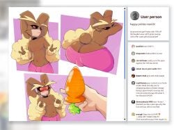 2025 4_fingers 5_fingers anthro ass ball_bulge big_ears black_choker black_jewelry black_necklace black_sclera black_text blurred_border blush blush_lines bottomwear brown_body brown_fur bulge bulge_from_behind buttplug carrot_buttplug chest_tuft choker clothed clothing comic comments cotton_tail dipstick_ears disembodied_hand double_v_sign duo ear_markings english_text eyebrows eyelashes face_mask femboy fingers floppy_ears fur generation_4_pokemon gesture hand_gesture hi_res holding_buttplug holding_object holding_sex_toy human humor jewelry lgbt_pride lgbt_pride_month long_ears looking_at_object looking_back lopunny male mammal multicolored_body multicolored_ears multicolored_fur narrowed_eyes navel necklace nintendo nipples pink_bottomwear pink_clothing pink_mask plug_(sex_toy) pokemon pokemon_(species) profanity ralph_(shoutingisfun) red_eyes sex_toy shoutingisfun social_media tan_body tan_eyebrows tan_fur text thick_eyebrows thick_thighs topless tuft v_sign website