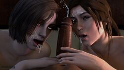 1boy 2girls 3d brown_eyes brown_hair cosmicnoctis crossover cum cum_in_mouth cum_on_face cumshot dark-skinned_male dark_skin grey_eyes hand_on_penis interracial jill_valentine jill_valentine_(julia_voth) lara_croft lara_croft_(survivor) light-skinned_female looking_at_viewer multiple_females multiple_girls naked nude penis pov resident_evil resident_evil_remake sex threesome tomb_raider tomb_raider_(survivor) tongue tongue_out uncensored