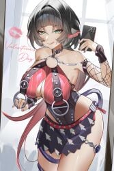 1girls absurdres animal_ears black_hair black_one-piece_swimsuit black_sarong breasts chinese_commentary commentary_request female female_only fishnet_sleeves fishnets green_eyes highres holding holding_phone jane_doe_(nocturne_of_light)_(zenless_zone_zero) jane_doe_(zenless_zone_zero) large_breasts licking licking_lips lipstick_mark long_hair mirror_selfie mouse_ears mouse_girl mouse_tail multicolored_hair official_alternate_costume one-piece_swimsuit phone red_hair red_one-piece_swimsuit sarong selfie solo swimsuit tail thighs tongue tongue_out two-tone_hair two-tone_one-piece_swimsuit valentine very_long_hair xiaojuan_(user_ezvt7287) zenless_zone_zero