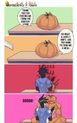 blood blood_on_face blush comic comic_page comic_panel comic_strip cum cum_on_body gay nohomoexpress pumpkin pumpkin_head pumpkin_humanoid silence_(apewtato) stabbed stabbing transformation yaoi
