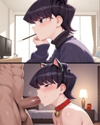 1boy 1boy1girl 1girls 2koma ai_generated bare_shoulders blowjob blush cat_ears catgirl cheating cheating_wife chin_rest collar fake_animal_ears fellatio female food food_in_mouth half-closed_eyes hand_on_own_face heavy_breathing indoors jingle_bell komi-san_wa_komyushou_desu komi_shuuko long_sleeves muscular_male netorare notreallyhere ntr nude penis pocky pocky_in_mouth purple_hair saliva short_hair sweat swept_bangs testicles turtleneck upper_body