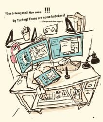 animate_inanimate anthro breast_rest breasts computer computer_monitor computer_mouse computer_virus_(species) desk electronics english_text female furniture hi_res living_machine machine objectum office restricted_palette simple_background solo table tan_background text woodhouse3d