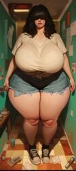 ai_generated bangs bangs_over_eyes bbw big_breasts big_girl enormous_breasts enormous_thighs fat_girl front_view gigantic_breasts gnarrl hourglass_figure huge_breasts huge_thighs hyper_breasts large_breasts long_hair looking_at_viewer obese obese_female pale-skinned_female pale_skin plump_breasts plump_girl plump_lips plump_thighs possessed secretly_horny ssbbw thick_girl thick_thighs tied_shirt wide_hips wide_thighs