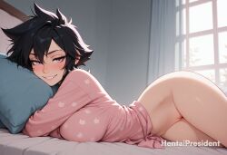 ai_generated bed bedroom blush breasts cat_print cleft_of_venus day female female_only grin hentaipresident indoors large_breasts looking_at_viewer lying lying_on_bed medium_breasts no_bra no_panties on_stomach pijama pillow pink_eyes short_hair smile solo solo_female thighs uncensored uncensored_pussy vagina window