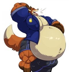 2020 anthro belly big_belly big_bulge big_muscles bobert bottomwear bulge canid canine clothing detailed_bulge digital_media_(artwork) disney fox fur hi_res huge_belly huge_bulge male mammal multicolored_body multicolored_fur musclegut muscular muscular_anthro muscular_male navel nick_wilde overweight overweight_anthro overweight_male police police_uniform shorts solo tongue tongue_out two_tone_body two_tone_fur uniform zootopia