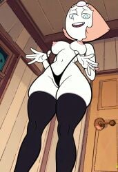 ai_assisted ai_generated bedroom_eyes black_thigh_socks black_thong black_thong_panties lowiqtaboo pearl_(steven_universe) perfect_breasts skindentation steven_universe teasing thigh_socks topless tugging_clothing