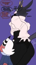 absurd_res anthro avian bite blush crown demon dialogue digging_into_butt drstrangeluvve duo english_text finger_bite finger_in_mouth headgear hellaverse helluva_boss hi_res horn imp itching male male/male mister_butler_(helluva_boss) onomatopoeia paimon_(helluva_boss) scratching_butt sound_effects text