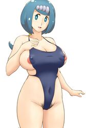 1girls areola_slip areolae bare_shoulders belly blue_eyes blue_hair breasts busty cleavage clothed eye_contact female female_only freckles hairy huge_breasts human human_only lana's_mother_(pokemon) long_hair looking_at_viewer milf mob_face mother navel nintendo nipples open_mouth pokemon pokemon_sm ponytail pubic_hair sideboob smile source_request swimsuit thick_thighs tight_clothes tof tongue wardrobe_malfunction white_background wide_hips