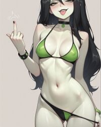 1girls ai_generated ass_visible_through_thighs bikini bikini_pull bikini_pulled_down black_hair blush bracelet breasts choker cleavage colored_skin covered_nipples disney female green_eyes hair_between_eyes half-closed_eyes hip_bones kim_possible long_hair medium_breasts middle_finger nail_polish navel notreallyhere pendant_choker shego simple_background solo tongue tongue_out