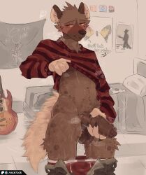 aggretsuko anthro balls biped blush brown_body brown_eyes brown_fur clothing detailed_background dialogue english_text erection foreskin fur genitals haida_(aggretsuko) hi_res humanoid_genitalia humanoid_penis hyena male mammal multicolored_body multicolored_fur nick7005 penis sanrio solo standing tail tan_body tan_fur tan_tail text topwear