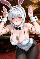 1girls ai_generated bent_over bunny_ears bunny_pose bunnysuit cadino code_vein code_vein_2 embarrassed embarrassed_female large_breasts lou_magmell pale-skinned_female pale_skin pantyhose red_eyes thick_thighs thighs white_hair
