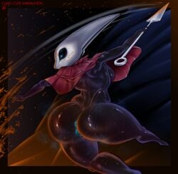 2025 2_horns anus arthropod ass big_butt biped blood blue_anus blue_eyes blue_vulva bodily_fluids clothing colored_blood curvy_figure cuteannihilation female fingers genitals glistening glowing glowing_genitalia glowing_vulva hi_res holding_melee_weapon holding_object holding_weapon hollow_knight horn hornet_(hollow_knight) latex melee_weapon musk orange_blood red_clothing red_text solo steam sweat sweatdrop team_cherry text thick_thighs unusual_blood unusual_bodily_fluids voluptuous vulva weapon