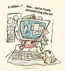 animate_inanimate anthro breast_rest breasts choker collar collar_only computer computer_monitor computer_mouse computer_virus_(species) desk electronics english_text female furniture jewelry living_machine machine necklace nude objectum office restricted_palette simple_background solo table tan_background text woodhouse3d