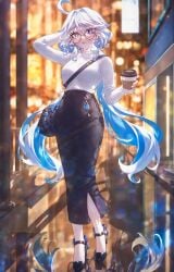 aged_up ahoge ai_generated alternate_costume alternate_hairstyle arm_behind_head arm_up bag bespectacled black-framed_eyewear black_bag black_footwear black_skirt blonde_hair blue-framed_eyewear blue_eyes blue_gemstone blue_hair blue_nails blue_skin blurry blurry_background breasts brown_bag brown_skirt casual city coffee coffee_cup colored_inner_hair colored_skin contemporary cowlick cup depth_of_field disposable_cup drop-shaped_pupils earrings female full_body furina_(genshin_impact) genshin_impact glasses grey-framed_eyewear hair_between_eyes hair_intakes handbag heterochromia high-waist_skirt high_heels holding holding_cup indoors jewelry large_breasts light_blue_hair long_hair long_skirt long_sleeves looking_at_viewer medium_breasts ministro mismatched_pupils multicolored_hair nail_polish necklace night open_mouth orange_eyes outdoors pantyhose parted_lips pencil_skirt red_eyes reflection reflective_floor round_eyewear self_upload shirt shoes shoulder_bag sidelocks skirt smile solo standing streaked_hair sweater symbol-shaped_pupils turtleneck turtleneck_sweater twintails two-tone_hair very_long_hair walking white_hair white_pantyhose white_shirt white_sweater