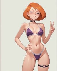1girls ai_generated ann_possible ass_visible_through_thighs bikini blue_eyes blush breasts choker cleavage disney female garter_straps gluteal_fold half-closed_eyes hand_on_hip heart_choker heart_garter kim_possible legs_apart medium_breasts milf navel notreallyhere orange_hair parted_lips peace_sign purple_bikini short_hair simple_background smile solo standing v_sign