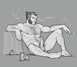 1boy abs arm_hair arm_on_knee armpit_hair balls bara bearsketch beer beer_can body_hair chest_hair cigarette dark_hair erect_nipples erection facial_hair feet full_body grass hairy hairy_balls hairy_feet hairy_hands hirsute james_howlett leaning_on_object leaning_on_table logan_(x-men) looking_at_viewer male male_only manly marvel marvel_comics monochrome muscular nipples nude outdoors pecs penis pubic_hair shiny_skin sideburns sitting smoke smoke_trail smoking solo soul_patch stubble suggestive tablecloth thick_eyebrows toes treasure_trail veiny_penis wolverine_(x-men) x-men yaoi