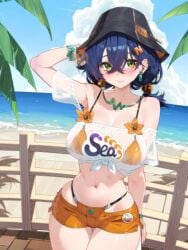 animated armpits beach belle_(summer_skies)_(zenless_zone_zero) belle_(zenless_zone_zero) bikini bikini_top_under_shirt bikini_under_clothes black_hat blue_hair blue_sky breasts bucket_hat closed_mouth cloud day earrings female green_eyes hair_between_eyes hat incest jewelry large_breasts mixed-language_commentary navel necklace ocean official_alternate_costume orange_bikini outdoors paid_reward_available short_twintails sky smile speech_bubble swimsuit tagme twintails ugoira variant_set video waterring wise_(zenless_zone_zero) zenless_zone_zero