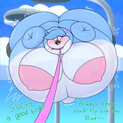 absurd_res animal_noises anthro areola ass avian beak belly big_areola big_belly big_breasts big_butt bird black_beak black_body black_scales blue_body blue_feathers bodily_fluids body_inflation bondage breasts chirping claire_(cookie-pone) close_to_bursting cloud collar cookie-pone creaking english_text expansion feathers female floating flustered fullbody_inflation glistening glistening_body heart_eyes heart_symbol hi_res huge_areola huge_belly huge_breasts huge_butt inflation leash leashed_collar navel offscreen_character onomatopoeia outie_navel petplay pink_eyes praise public public_nudity roleplay rumbling scales solo sound_effects street_lamp sunken_limbs sweat text trans_(lore) trans_woman_(lore) translucent translucent_body white_body white_feathers
