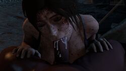 1boy 1girls 3d brown_hair closed_eyes cosmicnoctis cum_in_mouth cumshot dark-skinned_male dark_skin fellatio hands-free interracial lara_croft lara_croft_(survivor) penis pov pubic_hair tomb_raider tomb_raider_(survivor)