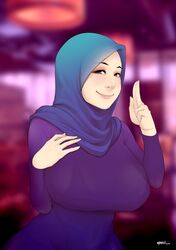 1girls 2018 absurdres bikini_top blurry_background blush breasts curvy dated female female_only freckles front_view gesture highres hijab hijabolic huge_breasts human large_breasts looking_at_viewer original purple_eyes see-through signature smile smirk solo upper_body