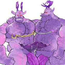 3_eyes anthro antlers asmodai balls belly belly_mouth chains clone deer demon duo facial_hair french_kissing genitals hairy horn humanoid kissing long_tongue male male/male mammal multi_eye muscular muscular_male nipple_piercing nipples nude nude_male overweight penis piercing purple_body purple_nipples purple_penis red_eyes selfcest short_tail solo square_crossover standing tail teeth_showing tolox tongue