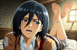 1girls ai_generated animated ass attack_on_titan barefoot big_ass big_feet blue_eyes hair_between_eyes huge_feet legs legs_up medium_hair mikasa_ackerman on_bed on_stomach soles touching_feet white_girl